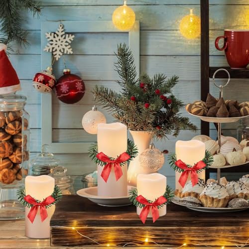 Christmas Napkin Rings Set of 12 Mini Pine Wreath with Red Bow Holiday Decor