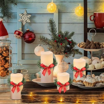 Christmas Napkin Rings Set of 12 Mini Pine Wreath with Red Bow Holiday Decor
