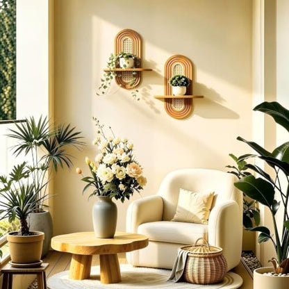 Walnut Boho Rattan Floating Wall Shelf - Mid-Century Plant Display