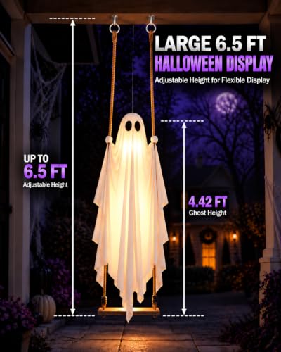 Halloween Outdoor Decorations Large 4.5 FT Hanging Swinging Ghost with Lights & Remote