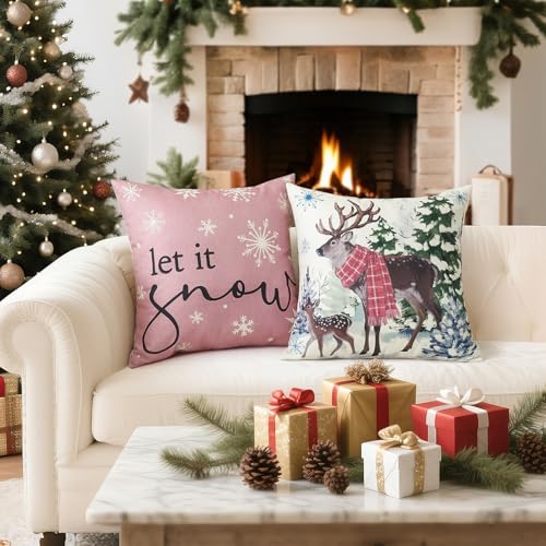 Artscope Christmas Throw Pillow Covers 16x16 Inch Set of 4 Pink Holiday Home Decor