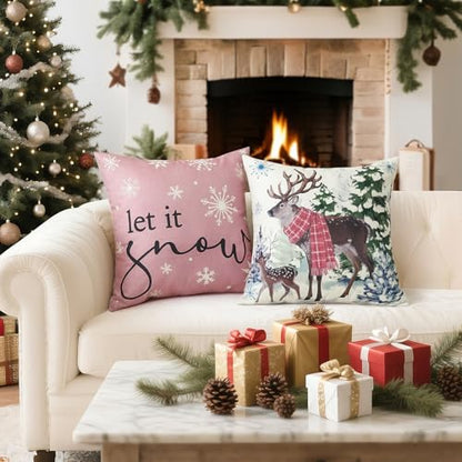 Artscope Christmas Throw Pillow Covers 16x16 Inch Set of 4 Pink Holiday Home Decor