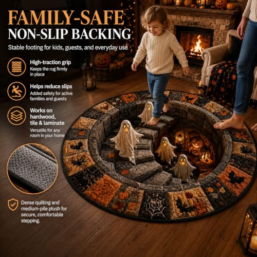 Halloween 3D Optical Illusion Haunted Staircase Round Rug with Ghost Skeleton Pumpkin, 47.2x47.2in - Variation A