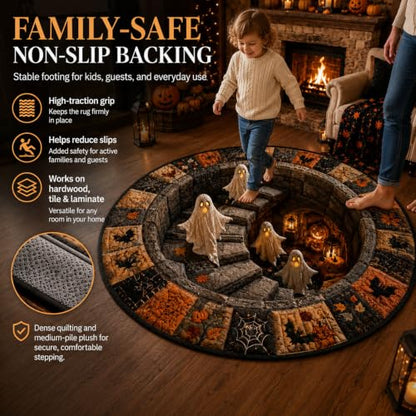 Halloween 3D Optical Illusion Haunted Staircase Round Rug with Ghost Skeleton Pumpkin, 47.2x47.2in - Variation A