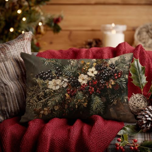 Winter Magnolia Christmas Floral Lumbar Pillow Cover 20x12 - Cozy Holiday Decor