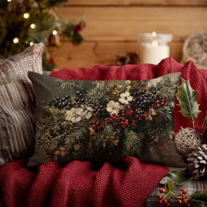 Winter Magnolia Christmas Floral Lumbar Pillow Cover 20x12 - Cozy Holiday Decor
