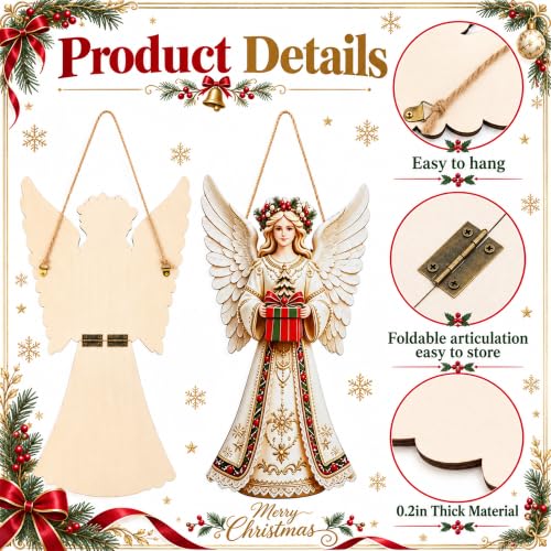 2Pcs Christmas Wooden Angel Door Sign - Foldable Holiday Hanging Decor - Angel Variation