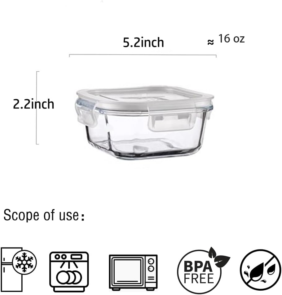 Skiennix 2-Cup Square Glass Food Storage Containers - Airtight, Leak-Proof, BPA-Free | 16oz Meal Prep Bowls