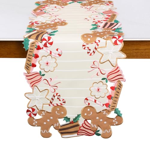 Gingerbread Christmas Table Runner 13x36 Inches Candy Cane Embroidered Decor