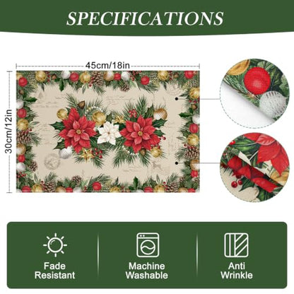 Christmas Poinsettia Placemat Set of 4 - 12x18 Inch Holiday Table Decor