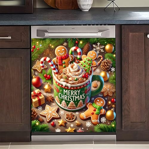 Christmas Dishwasher Magnet Cover 23x26 Inches Reusable Magnetic Refrigerator Sticker - Gingerbread Man Cocoa