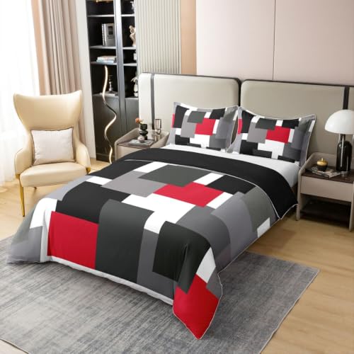 Red Geometric Duvet Cover Set - 100% Cotton Queen Size with Pillow Shams