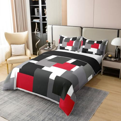 Red Geometric Duvet Cover Set - 100% Cotton Queen Size with Pillow Shams