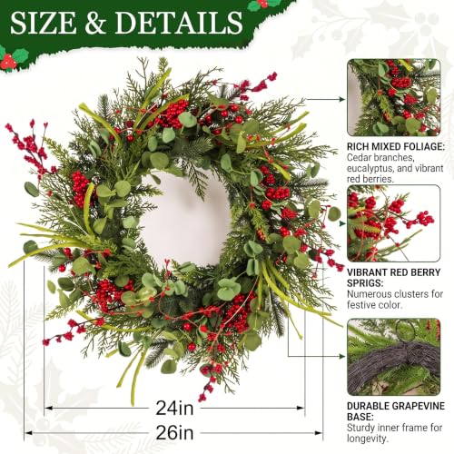 Christmas Wreaths - 24 Inch Artificial Holiday Front Door Decor with Eucalyptus & Berries - Handmade, Reusable, Outdoor Wall Farmhouse Xmas Decoration