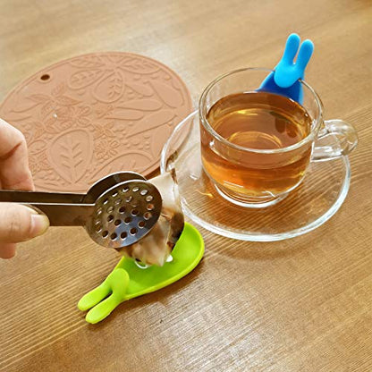 SNAIL GARDEN 2Pcs Stainless Steel Tea Bag Tongs, Round Tea Bag Squeezer with 2Pcs Bunny Silicone Tea Bag Holders & Rests- 6inch Tea Bag Strainer Clips Herb or Sugar Ice Cube for Kitchen Bar Tools