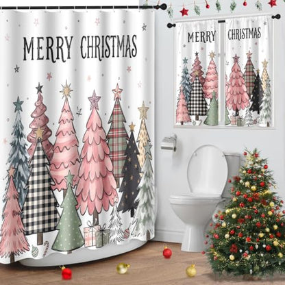 Pink Christmas Shower Curtain Set - Bathroom Decor with Window Curtains 72x72 Inches