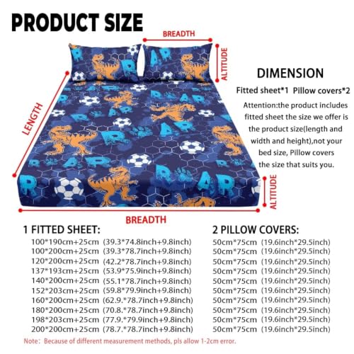 Soccer Dinosaurs Twin XL Bed Sheet Set for Kids Room Decor - 3 Piece Deep Pocket Bedding