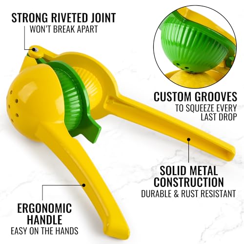 Zulay Kitchen Metal 2-in-1 Lemon Squeezer - Sturdy Max Extraction Hand Juicer Lemon Squeezer Gets Every Last Drop - Easy to Clean Manual Citrus Juicer - Easy-Use Lemon Juicer Squeezer - Yellow/Green