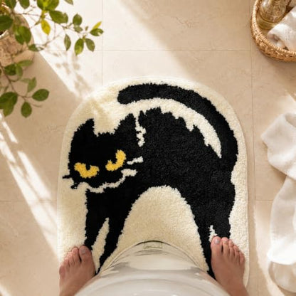 Black Cat U-Shaped Toilet Rug - Washable Bathroom Mat, 24x20 Inches