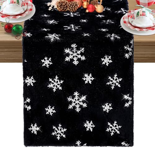 Fur Christmas Table Runner with Silver Sequin Snowflakes - Black, 13 x 108 Inches - Holiday Home Decor