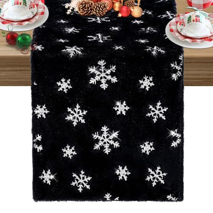 Fur Christmas Table Runner with Silver Sequin Snowflakes - Black, 13 x 108 Inches - Holiday Home Decor
