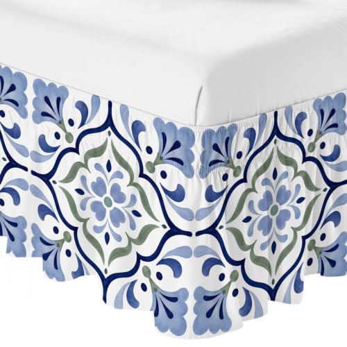 Blue Green Botanical King Size Bed Skirt 16 Inch Drop Elastic Wrap Around Dust Ruffle - Slate Blue