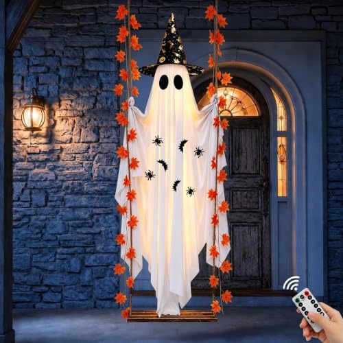 Large Outdoor Hanging Ghost Decor with Witch Hat & LED Lights - 5.4FT Halloween Yard & Porch Decoration