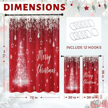 Christmas Red Shower Curtain Set with Window Curtains - 72x72 Inches