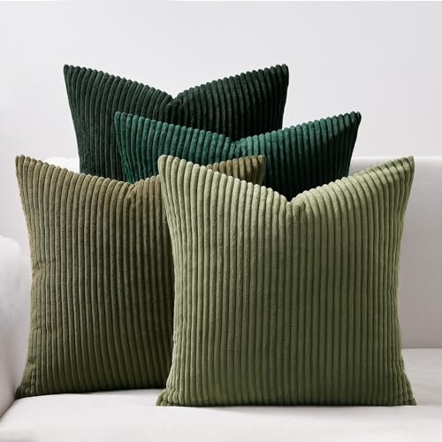 Dark Green Christmas Decorative Throw Pillow Covers Set of 4 20x20 Inches - Winter Fluffy Corduroy Euro Shams for Couch Bed Bedroom