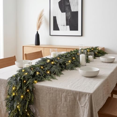 Green Cedar Garland with Lights - 9FT Real Touch Faux Evergreen, 2 Pack