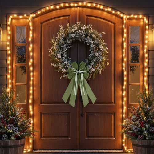 Green Burlap Bow for Christmas Wreath - 20x11 Inch Holiday Front Door Decor