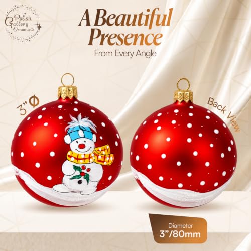 Hand Blown Glass Christmas Ornament Ball - Snowman & Mistletoe Red 3 Inch - Variation of Red / 80mm / 3inch