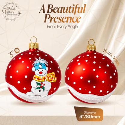 Hand Blown Glass Christmas Ornament Ball - Snowman & Mistletoe Red 3 Inch - Variation of Red / 80mm / 3inch