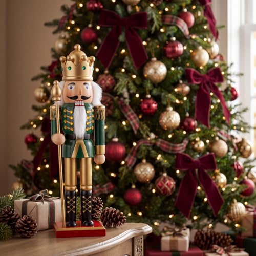 Christmas Nutcracker Decor 12 Inch Wooden Soldier Figurine - Green Gold Variation