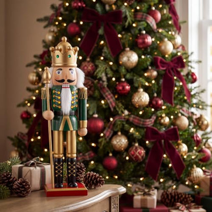 Christmas Nutcracker Decor 12 Inch Wooden Soldier Figurine - Green Gold Variation