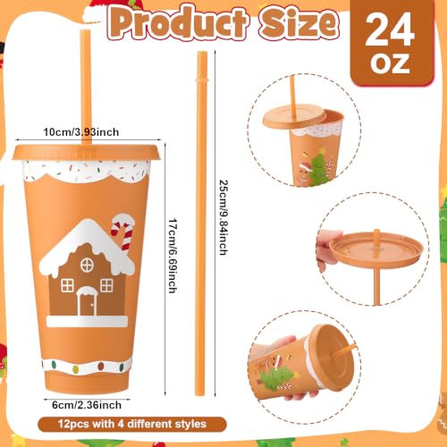 Gingerbread Man Christmas Cups with Lids & Straws - 24 oz, 12 Pack