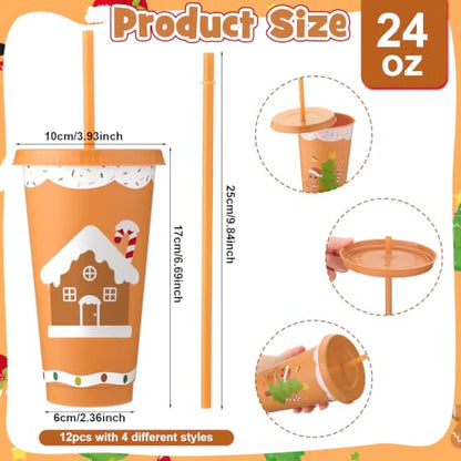 Gingerbread Man Christmas Cups with Lids & Straws - 24 oz, 12 Pack