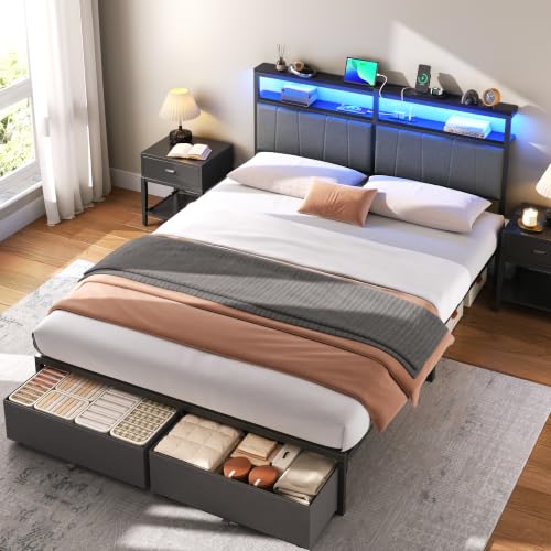 Queen Bed Frame with Storage Drawers and Charging Station - Grey, Queen Size