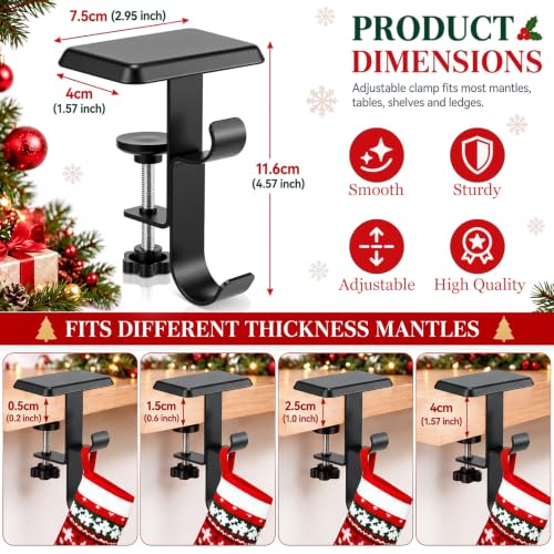 Black Fireplace Stocking Holder Set - Adjustable Metal Garland Hangers