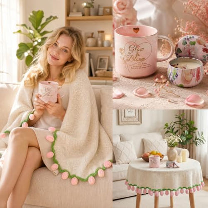 Pink Flower Blanket Gift Set for Women - Self Care Basket with Mug Candle Towel