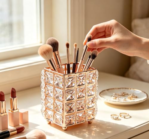 Gold Square Crystal Makeup Brush Holder Cosmetic Organizer - Durable & Elegant