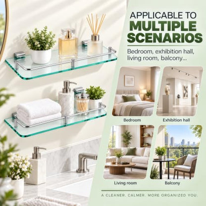 Bathroom Glass Shelf 15.7in Wall Mount Floating Shelves - Modern Tempered Glass