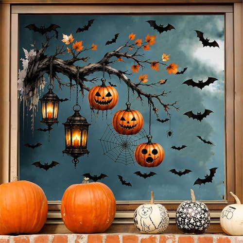 Halloween Window Clings Spooky Pumpkin Lantern Bat Tree Design - Style25