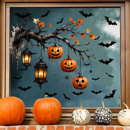 Halloween Window Clings Spooky Pumpkin Lantern Bat Tree Design - Style25