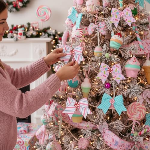 15 Pack Pastel Candy Christmas Tree Bows - 6.3 Inch Holiday Ornaments