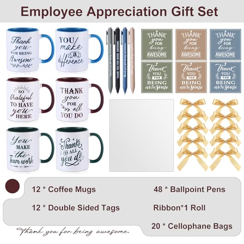 Employee Appreciation Mug Gift Set - 12 Blue Green Brown Classic Styles
