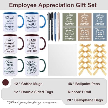 Employee Appreciation Mug Gift Set - 12 Blue Green Brown Classic Styles