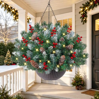 24 Inch Artificial Christmas Hanging Basket with Lights - Outdoor Decor - Variation 1