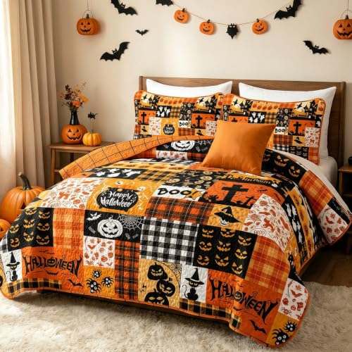 Halloween Quilt Set Queen - Orange Pumpkin Patchwork Bedspread with Witches & Jack-o'-Lanterns