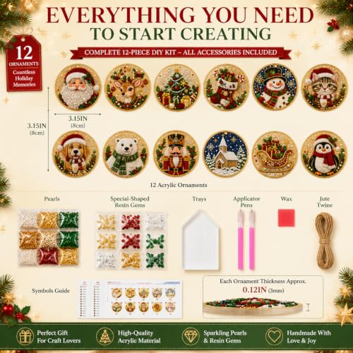 DIY Christmas Ornament Kit - 12 Acrylic Decorations with Pearls & Gems (Style 6)